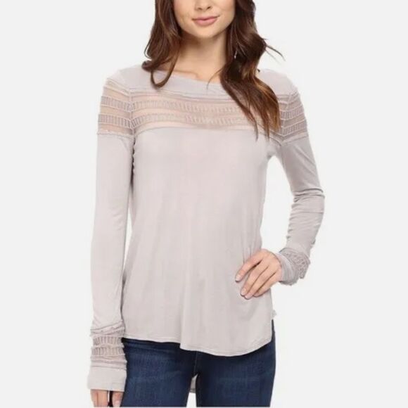 Free People Gray/Purple Mesh Inset Roxie Tee Long Sleeve Crew Neck Top Size S - Picture 1 of 6